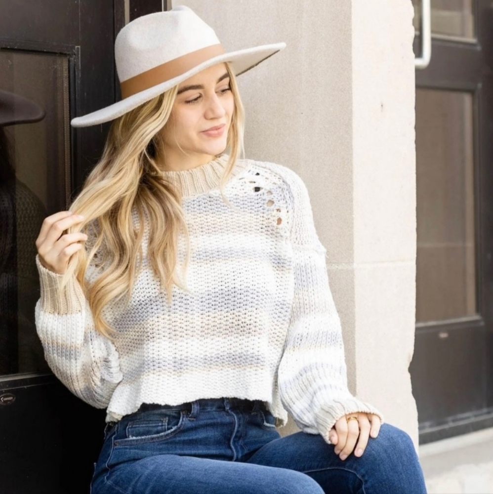 Free People Devon Striped Cropped Sweater Chunky Knit cream minimalist Boho 90s